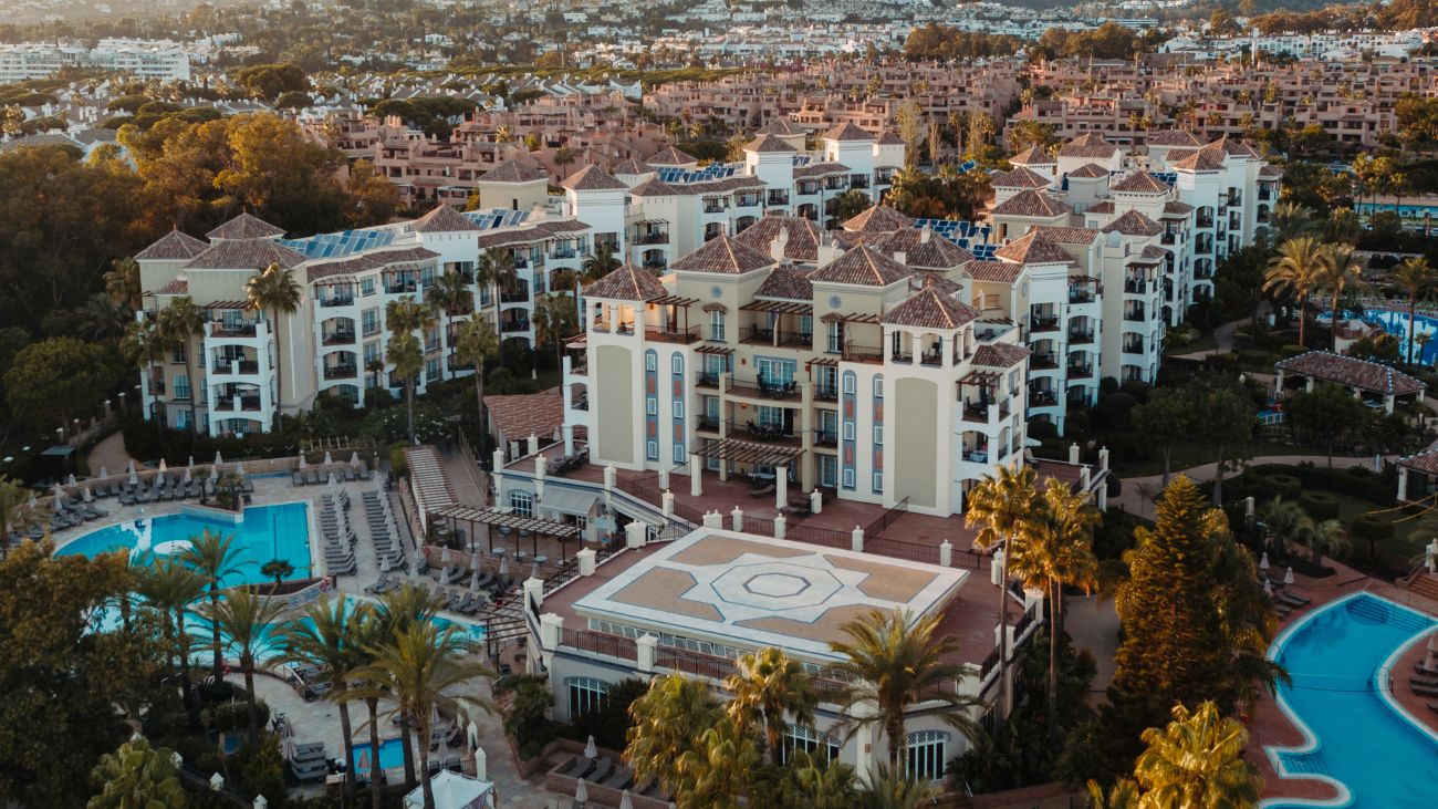 Aerial view of Marriott's Playa Andaluza resort timeshare location with mountains in the background